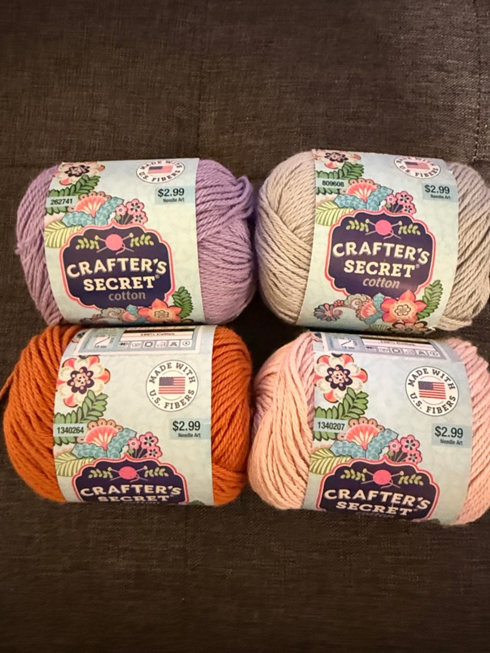 Crafter's Secret Cotton Yarn -Pastel Lavender,Gray,Rose Quartz, Papaya 4 skeins